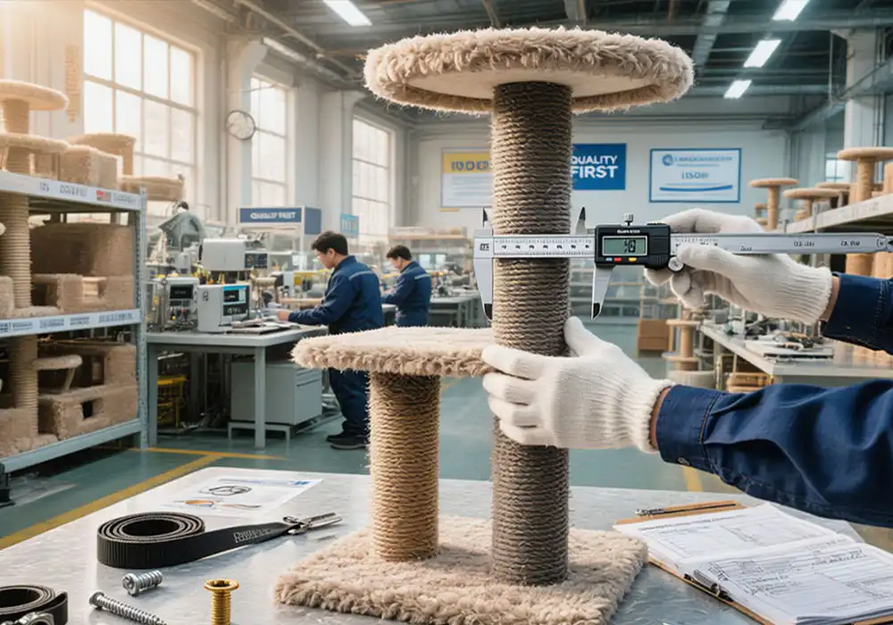 Cat tree structure being reviewed during quality control