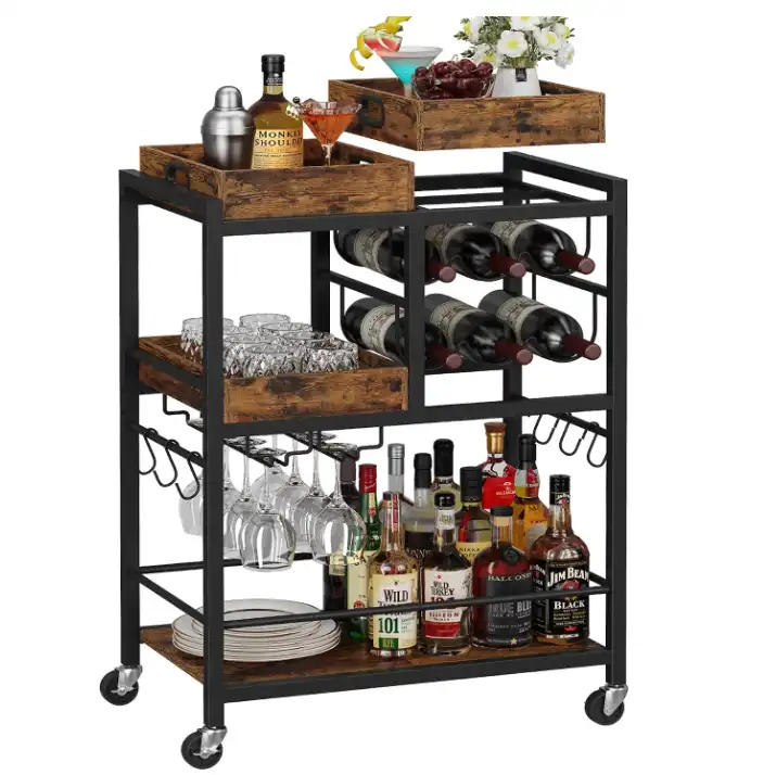 3 tier bar cart with removable serving tray & wine storage