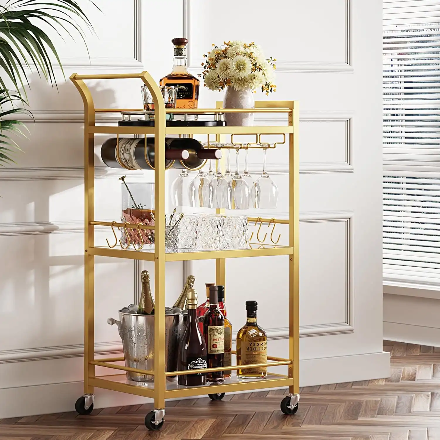 3 tier gold bar cart with mirrored shelves & wine storage (5)