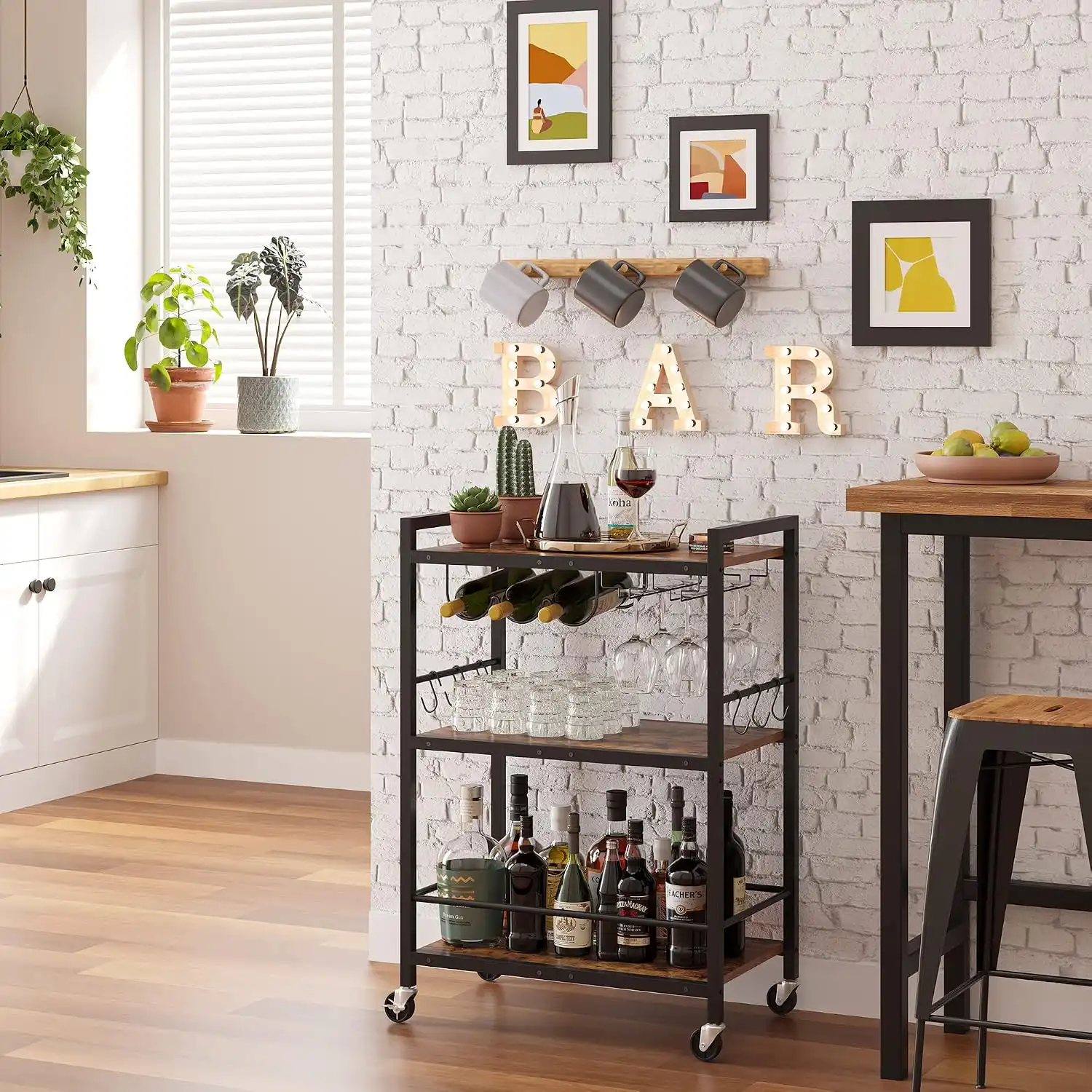 bar cart with wheels, drink cart with wine rack and glass holder (4)
