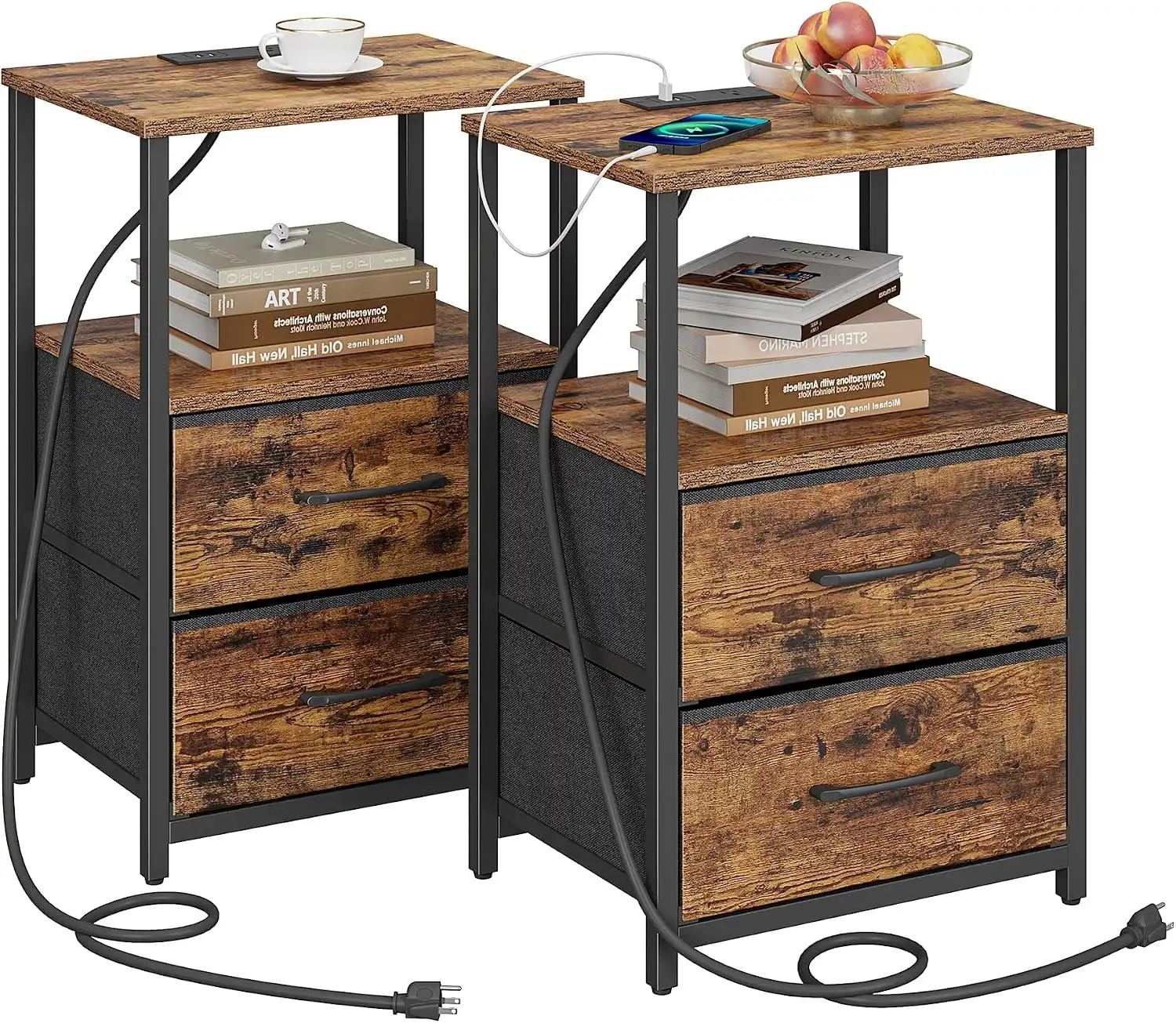 end table with charging station & fabric drawers (4)