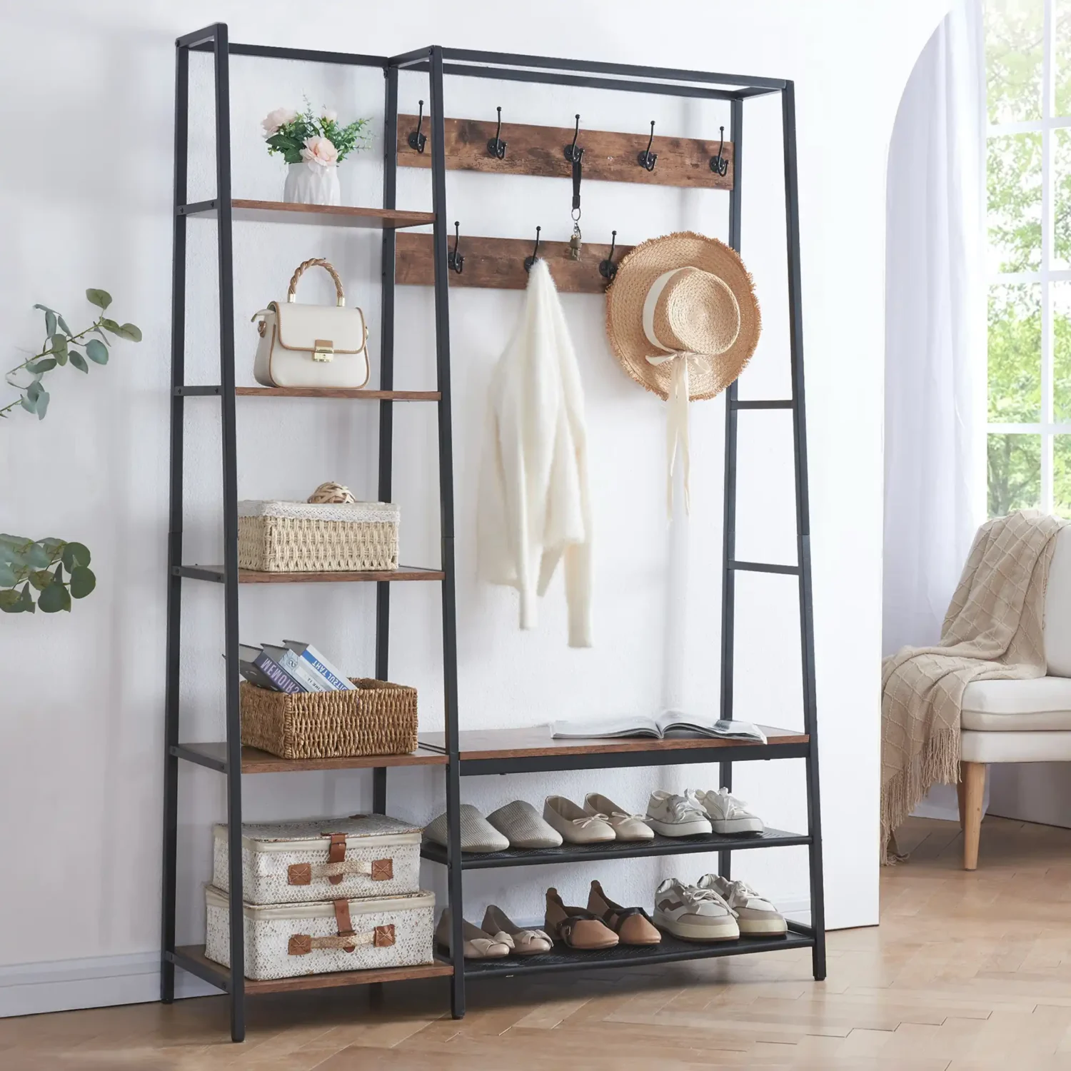 industrial hall tree with shoe bench & 5 tier storage (2)